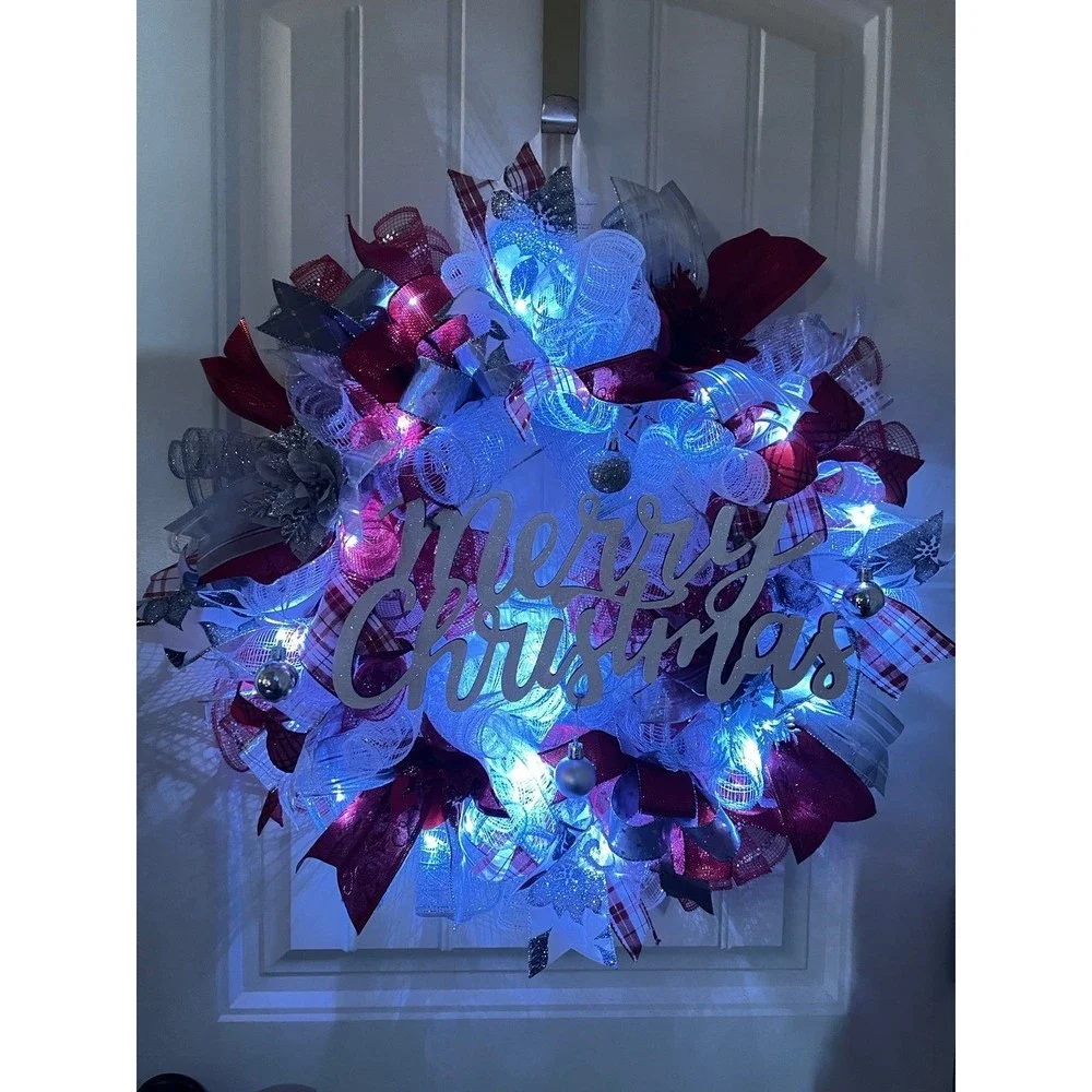 Christmas Poinsettia Holiday Ribbon Door Wreath Handmade 22 ins LED W15